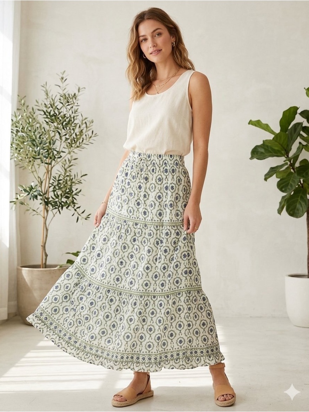 Cottagecore Floral Boho Vintage Style Maxi Skirt with Green and Blue